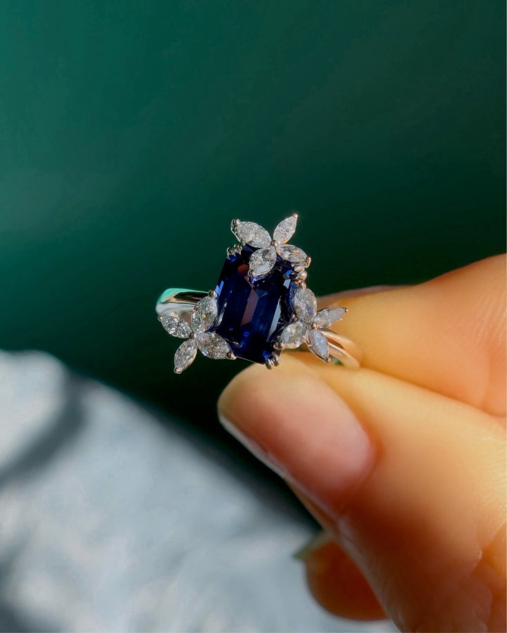 3.00ct Emerald-Cut Blue Sapphire Ring in 14K or 18K White Gold, “The Jardin”