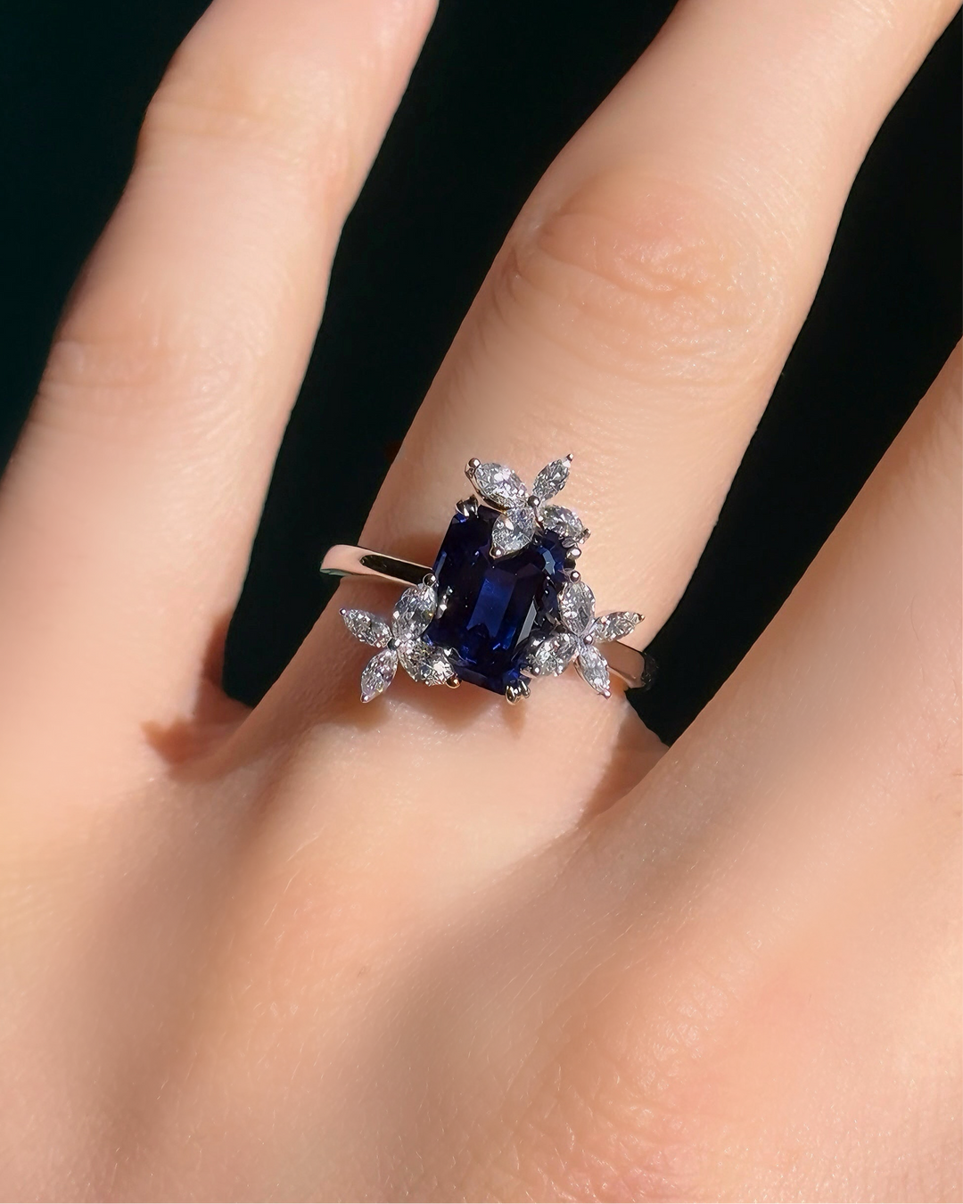 3.00ct Emerald-Cut Blue Sapphire Ring in 14K or 18K White Gold, “The Jardin”