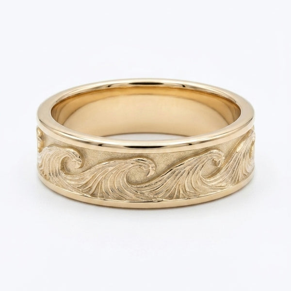 The Ocean Wave Vintage — 7mm Hand-Carved Solid Gold Wedding Band