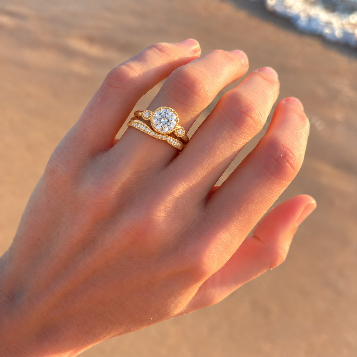 Engagement ring and wedding band paired with this band