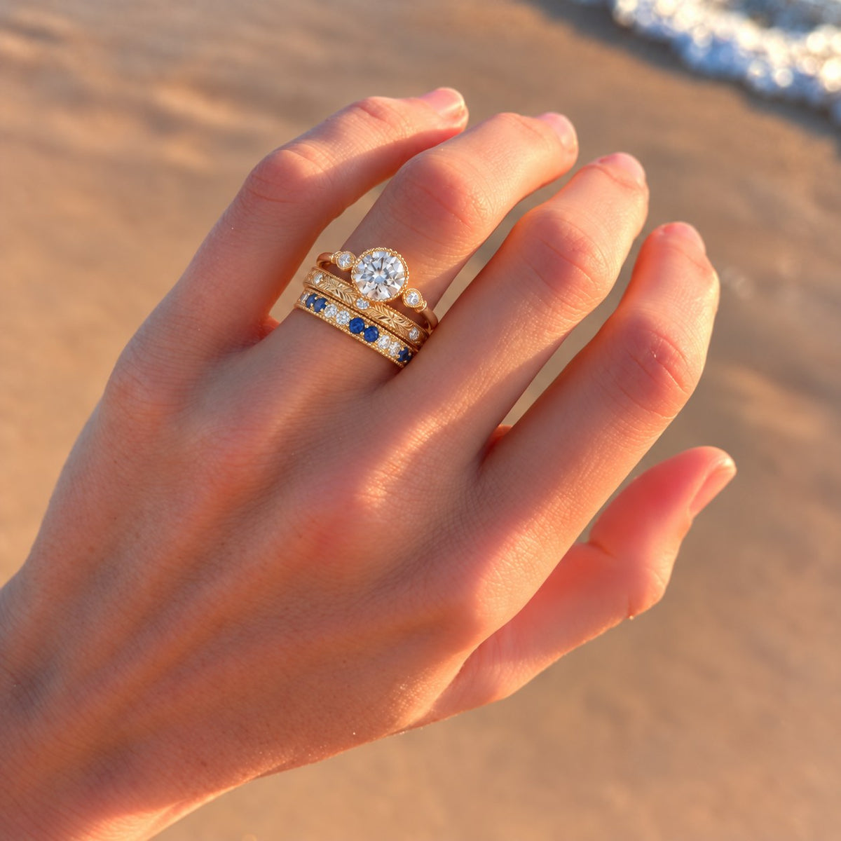 Full stack: engagement ring, wedding band and this band