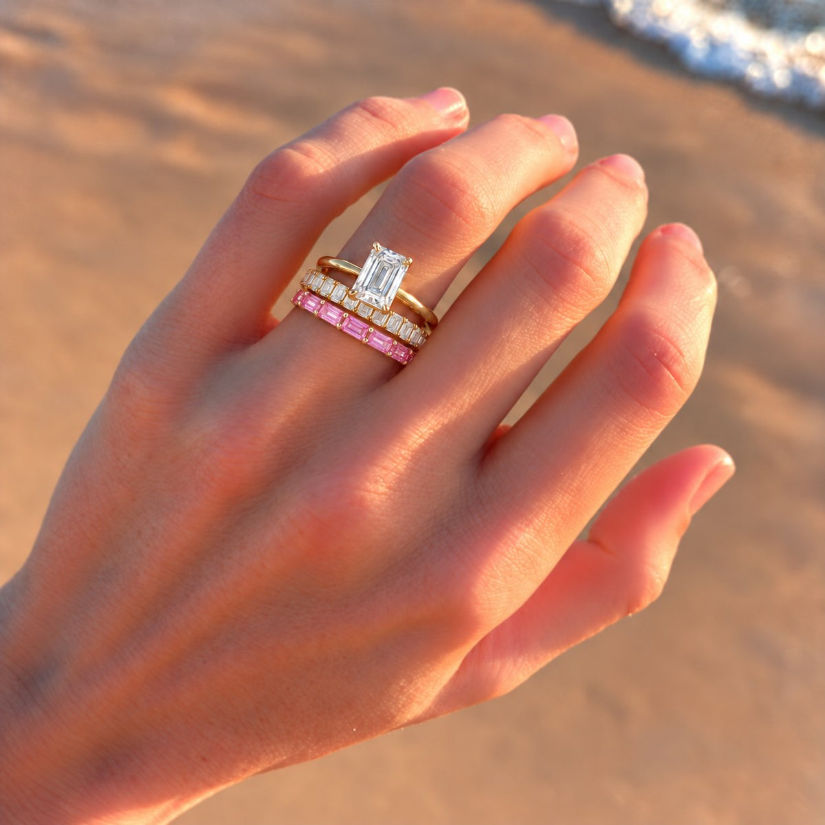 Full stack: engagement ring, wedding band and this band