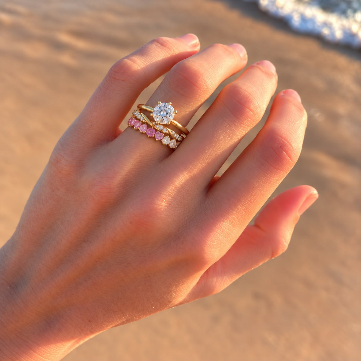 Full stack: engagement ring, wedding band and this band