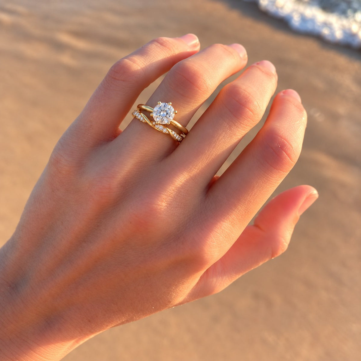 Engagement ring and wedding band paired with this band