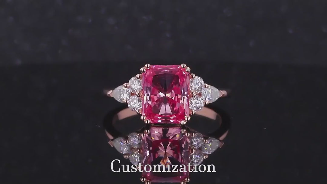 7x11mm, 4.90ct Long Cushion Lab-Grown Padparadscha Pink Sapphire with Diamonds Accents Ring in 14K Rose Gold