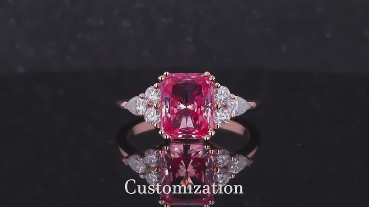 7x11mm, 4.90ct Long Cushion Lab-Grown Padparadscha Pink Sapphire with Diamonds Accents Ring in 14K Rose Gold