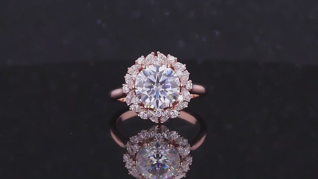 8.5mm Round Cut Moissanite with Round/Marquise Halo in 14K Solid Rose Gold