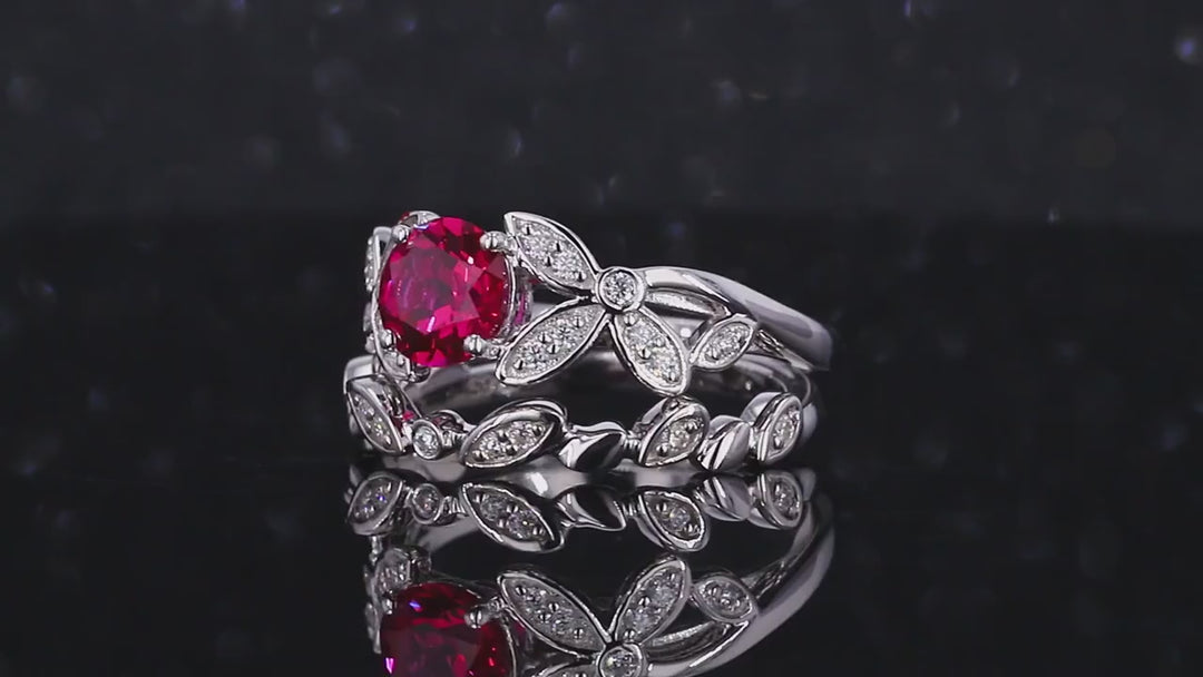 5mm, 1.00ct Round Lab-Grown Red Ruby with Floral Diamond Accent Ring with Floral Stacking Band in 14K White Gold
