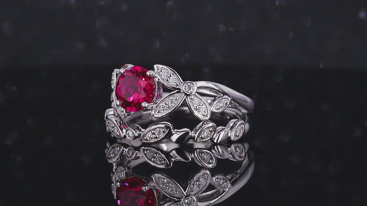 5mm, 1.00ct Round Lab-Grown Red Ruby with Floral Diamond Accent Ring with Floral Stacking Band in 14K White Gold