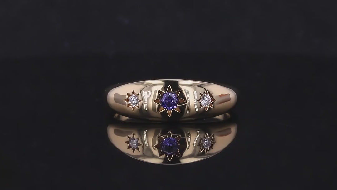 3mm Round Lab-Grown Blue Sapphire Three-Stone Ring with Round Diamonds in 18K Yellow Gold