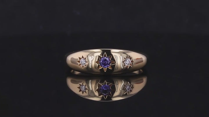 3mm Round Lab-Grown Blue Sapphire Three-Stone Ring with Round Diamonds in 18K Yellow Gold