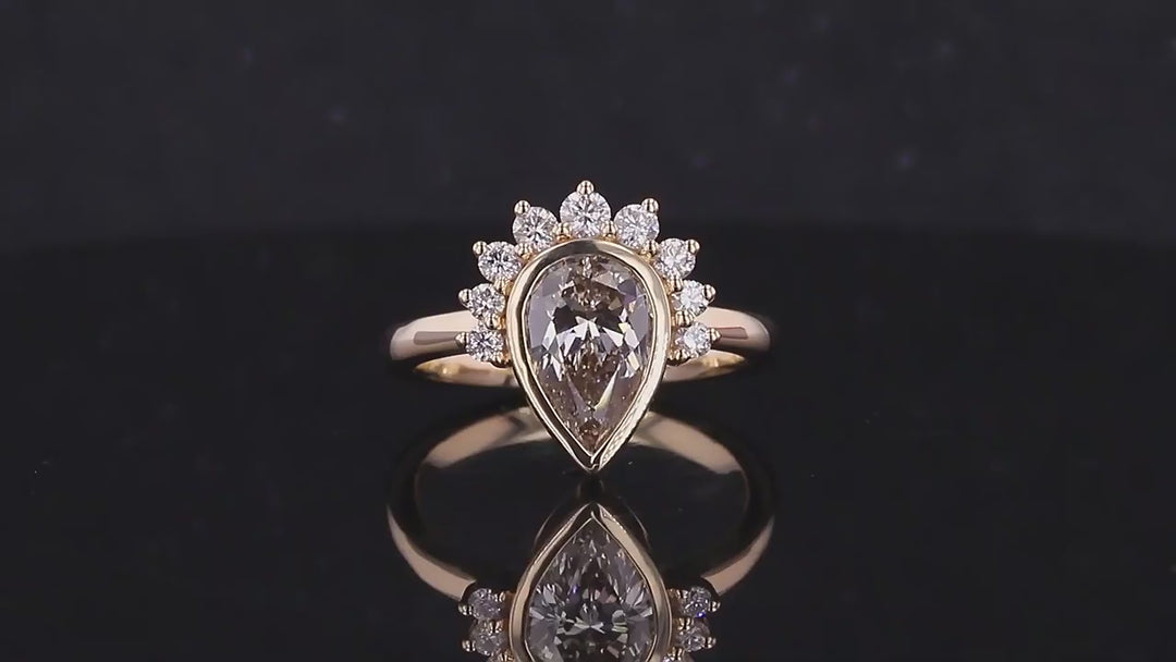 1.5ct Pear Cut Champaign Gold Moissanite with Half-Halo Moissanite in 14K Solid Yellow Gold