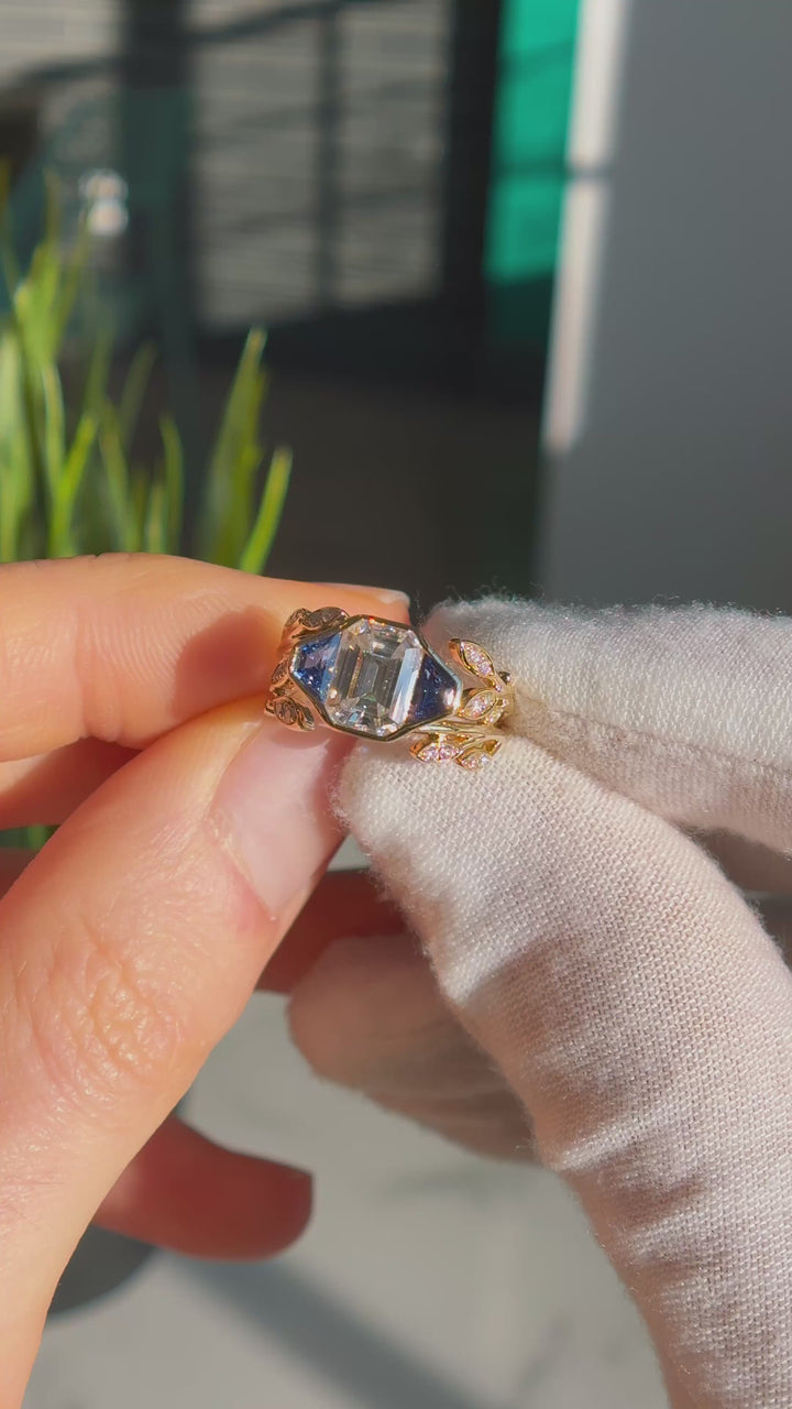 1.75ct Emerald Lab-Grown Diamond Solitaire Three-Stone Ring with Pavé Leaf Band in Yellow Gold