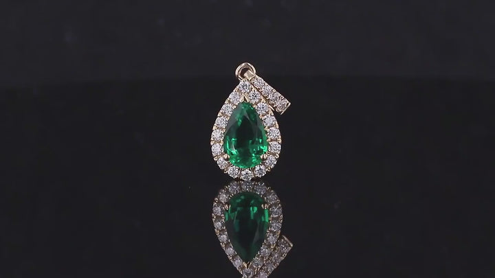 5x7mm, 0.75ct Pear Lab-Grown Zambian Emerald with Diamond Halo Pendant in 14K Yellow Gold