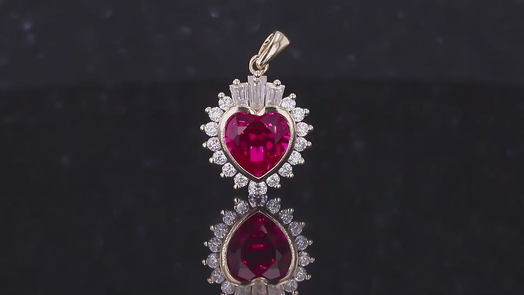 7mm, 2.00ct Heart Lab-Grown Red Ruby Pendant with Diamond Accents in 14K Yellow Gold