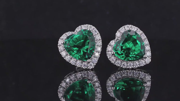 10mm, 3.20ct each Heart Lab-Grown Zambian Emerald with Diamond Halo Earrings in 18K White Gold