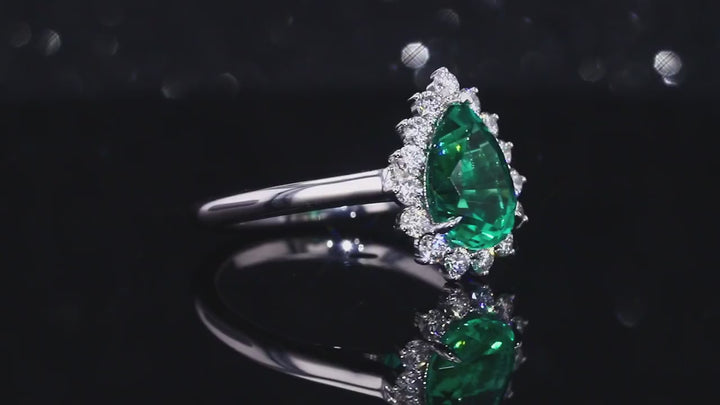 7x10mm, 2.00ct Pear Lab-Grown Colombian Emerald with Diamond Halo Ring in 14K White Gold