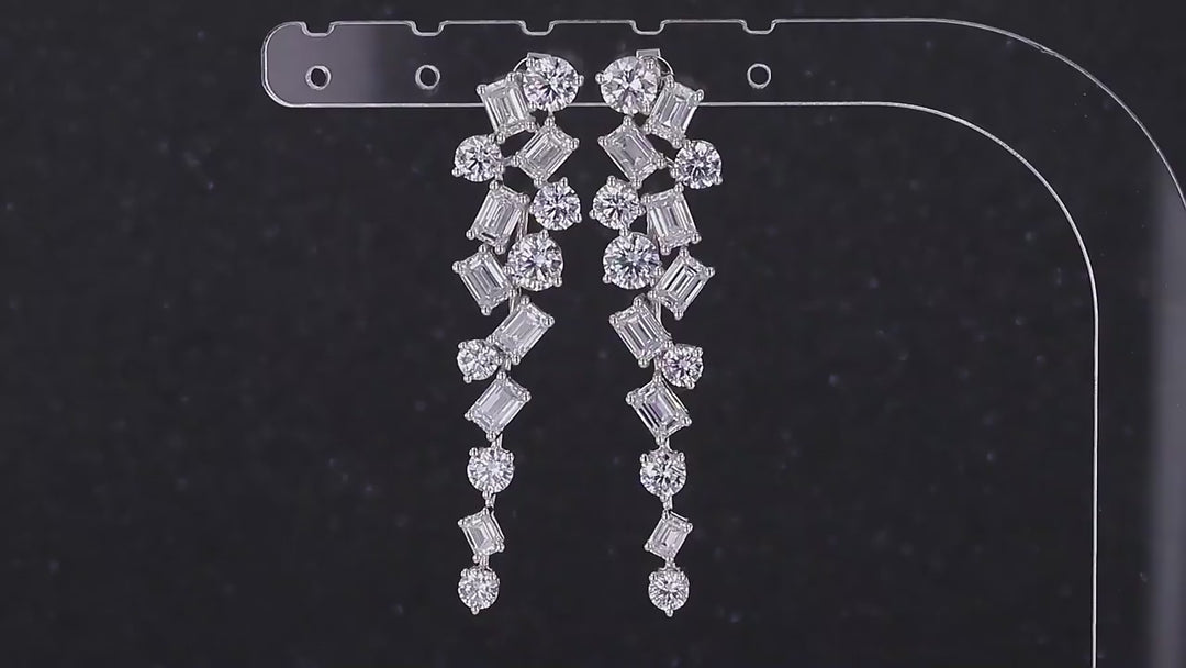 Round and Emerald Cut Cluster Moissanite Dangle Earrings in 18K Solid White Gold