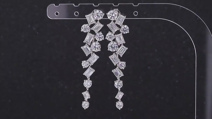Round and Emerald Cut Cluster Moissanite Dangle Earrings in 18K Solid White Gold