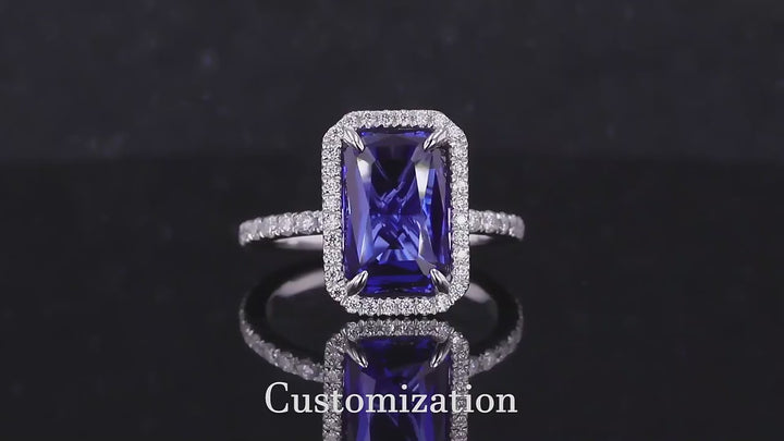 7x11mm, 4.90ct Baguette Step Lab-Grown Blue Sapphire with Diamond Halo/Half-Eternity Ring in 18K White Gold