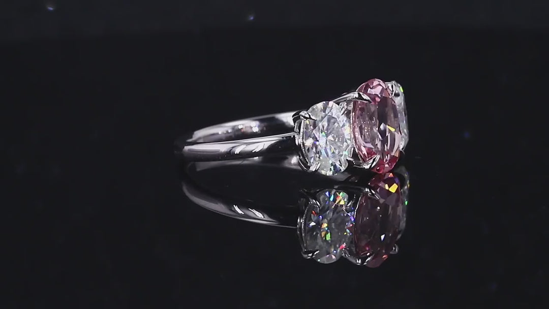 2.50ct Oval-Cut Sakura Pink Sapphire Three-Stone Ring in 14K White Gold, "The It Girl"