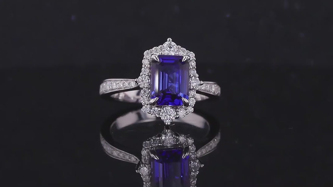 6x8mm, 2.10ct Emerald Lab-Grown Blue Sapphire Diamond Halo/Half-Eternity Ring in 14K White Gold