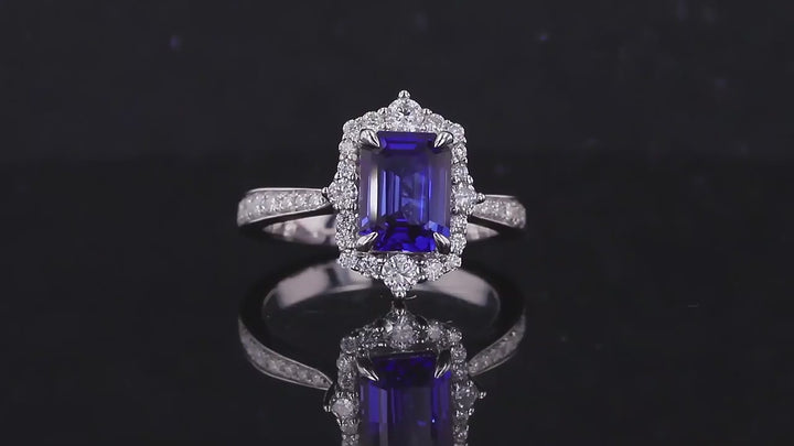 6x8mm, 2.10ct Emerald Lab-Grown Blue Sapphire Diamond Halo/Half-Eternity Ring in 14K White Gold