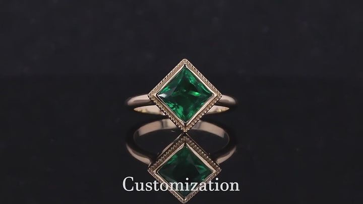 6x6mm, 1.20ct Princess Lab-Grown Zambian Emerald Bezel-Set Ring in 14K Yellow Gold