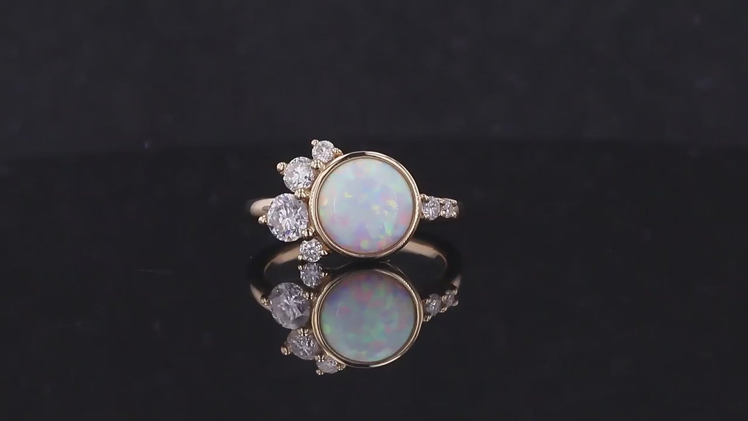 8mm Round Opal Moissanite Accent Ring in 14K Solid Yellow Gold