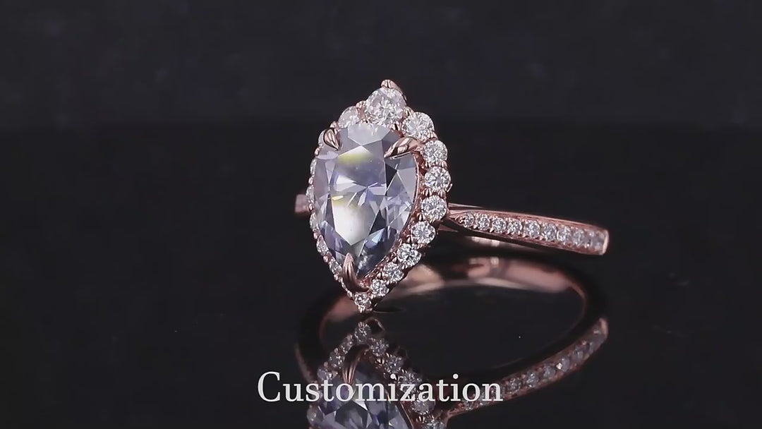 7x9mm Pear Cut Grey Moissanite with Diamond Halo/Half-Eternity Ring in 14K Solid Rose Gold
