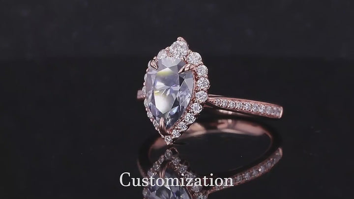 7x9mm Pear Cut Grey Moissanite with Diamond Halo/Half-Eternity Ring in 14K Solid Rose Gold