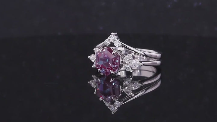 2ct Hexagon-Cut Alexandrite & Diamond Ring with Matching Diamond Stacking Band in 14K/18K Gold or Platinum (7mm)