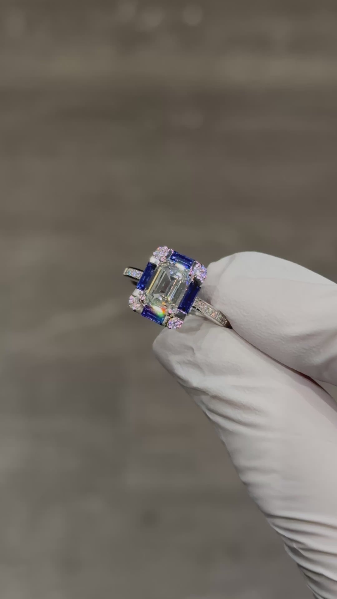 2.00ct Emerald Lab-Grown Diamond Ring with Special Blue Sapphire Halo in White Gold