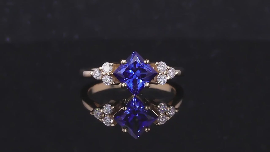 6x6mm, 1.00ct Princess Lab-Grown Blue Sapphire with Diamond Accents Ring in 14K Yellow Gold