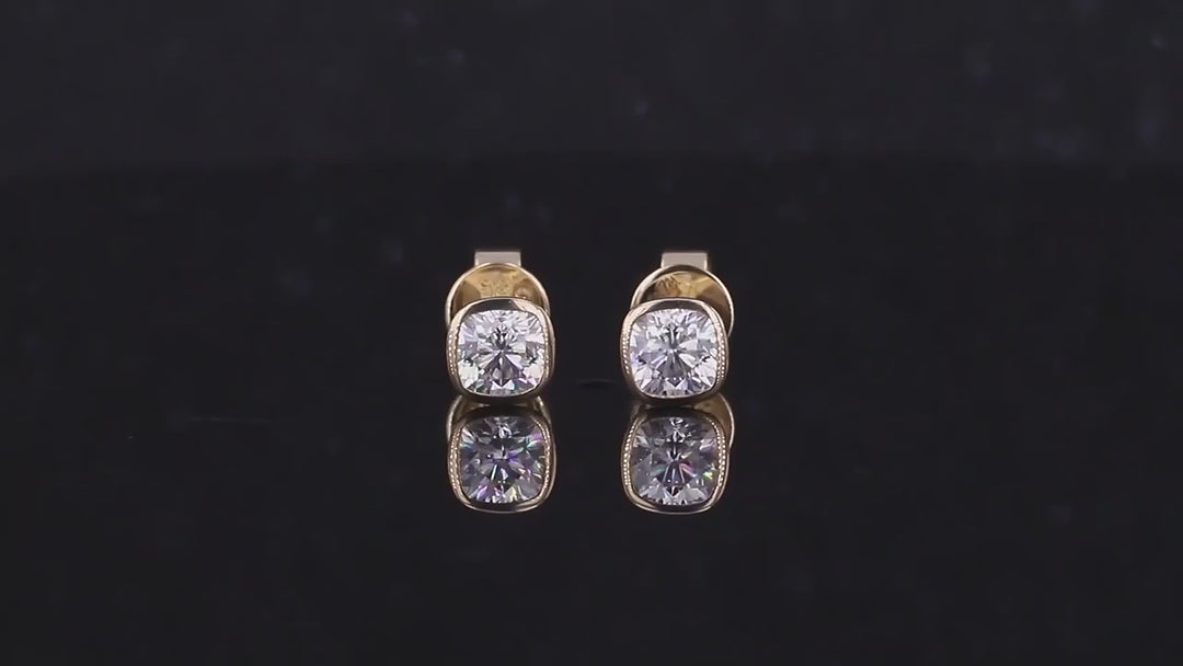 4*4mm Cushion Cut Moissanite Bezel Set Stud Earrings in 14K Solid Yellow Gold