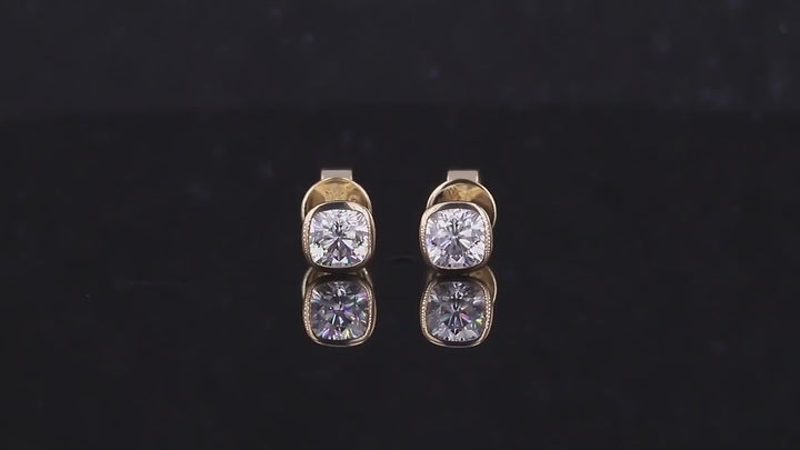 4*4mm Cushion Cut Moissanite Bezel Set Stud Earrings in 14K Solid Yellow Gold