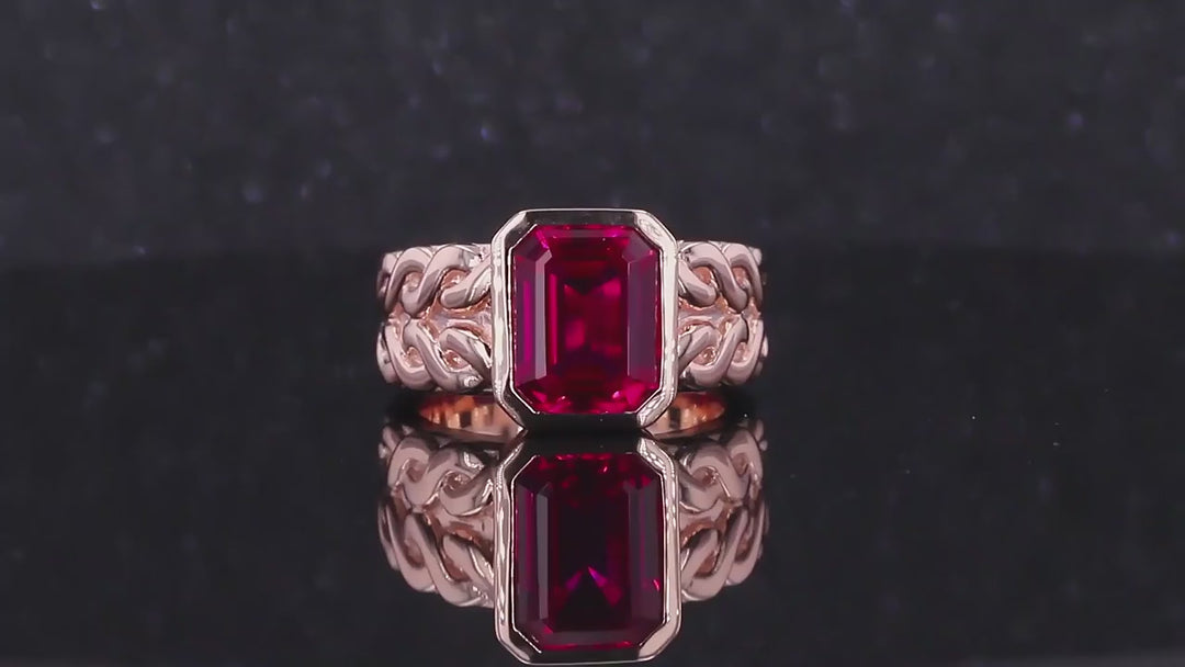 8*10mm Emerald Cut Red Ruby Bezel Set Ring in 10K Solid Rose Gold