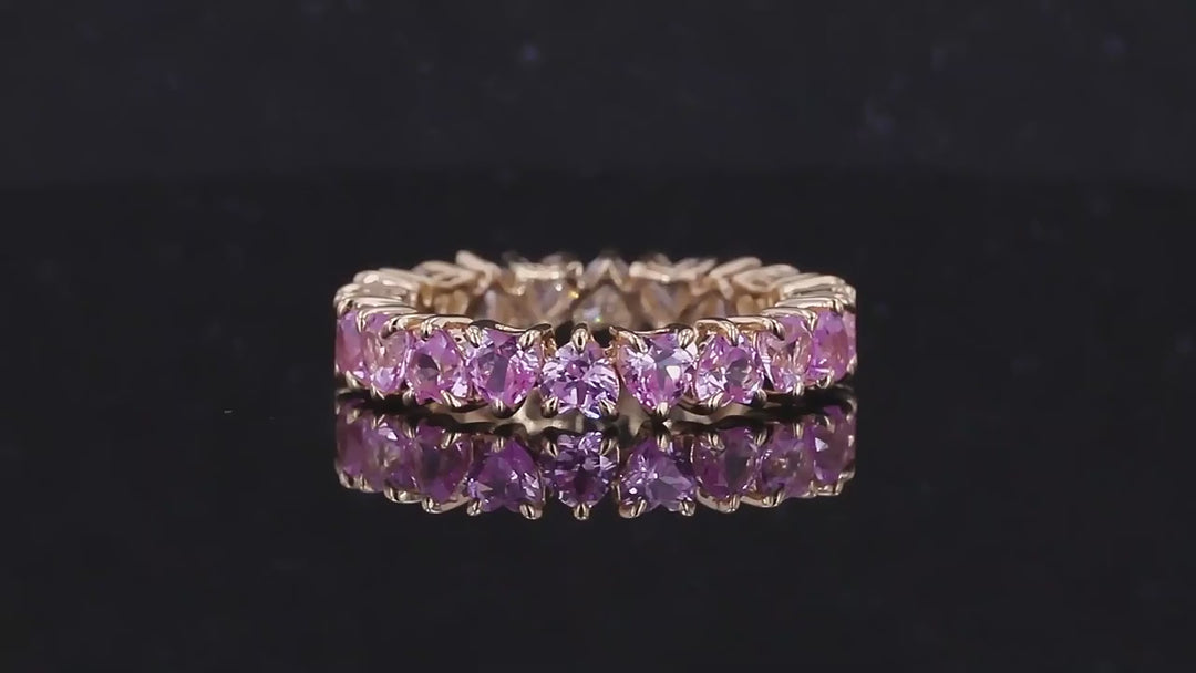 3.5mm, 4.40ctw Heart Lab-Grown Sakura Pink Sapphire & Diamond Eternity Band Ring in 14K Yellow Gold