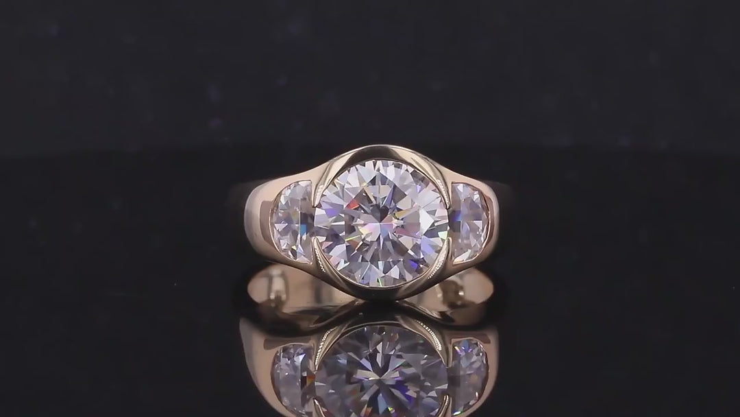 10mm Round Cut Moissanite Bezel with Side Stones in 10K Solid Yellow Gold