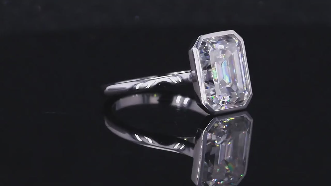9x11mm Emerald Cut Moissanite Bezel-Set Solitaire Ring in 14K Solid White Gold