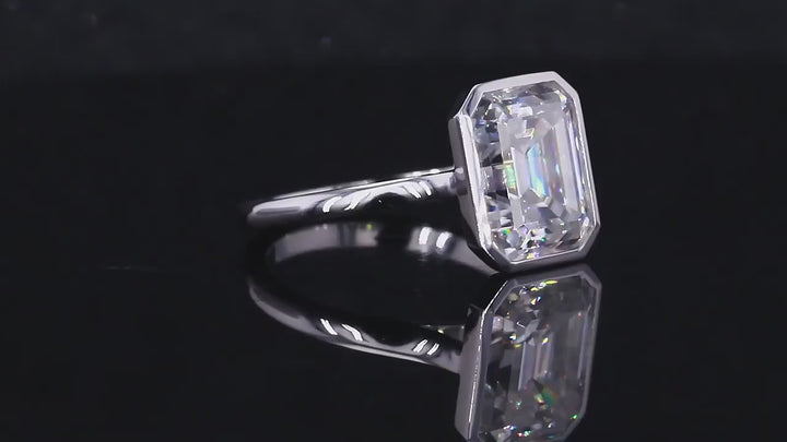 9x11mm Emerald Cut Moissanite Bezel-Set Solitaire Ring in 14K Solid White Gold
