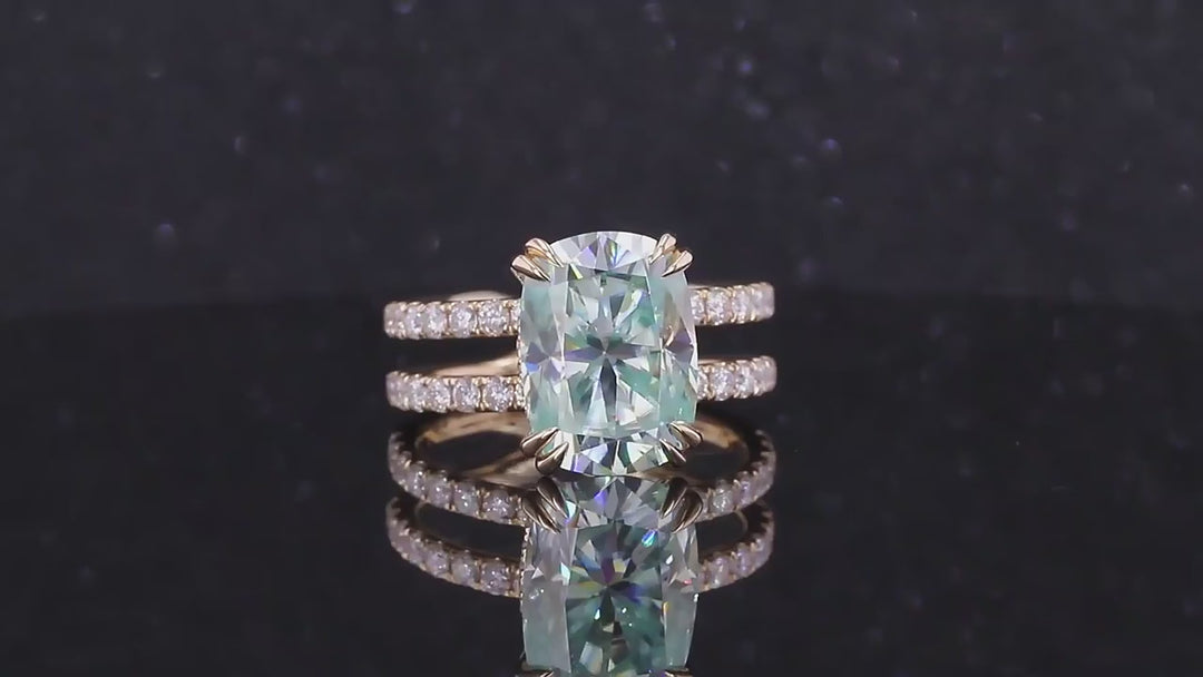 9x11mm, 5.90ct Cushion Lab-Grown Light Blue Sapphire with Hidden-Halo/Double Band Half-Eternity Ring in 10K Yellow Gold