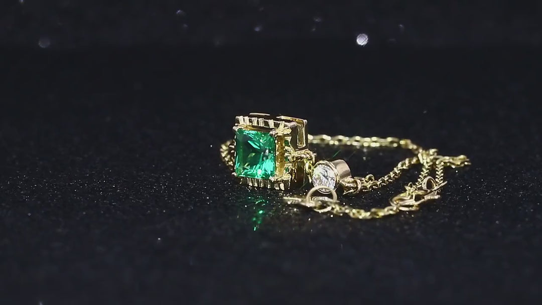 8x8mm, 2.25ct Princess Lab-Grown Colombian Emerald Pendant with Diamond Accent Necklace in 14K Yellow Gold