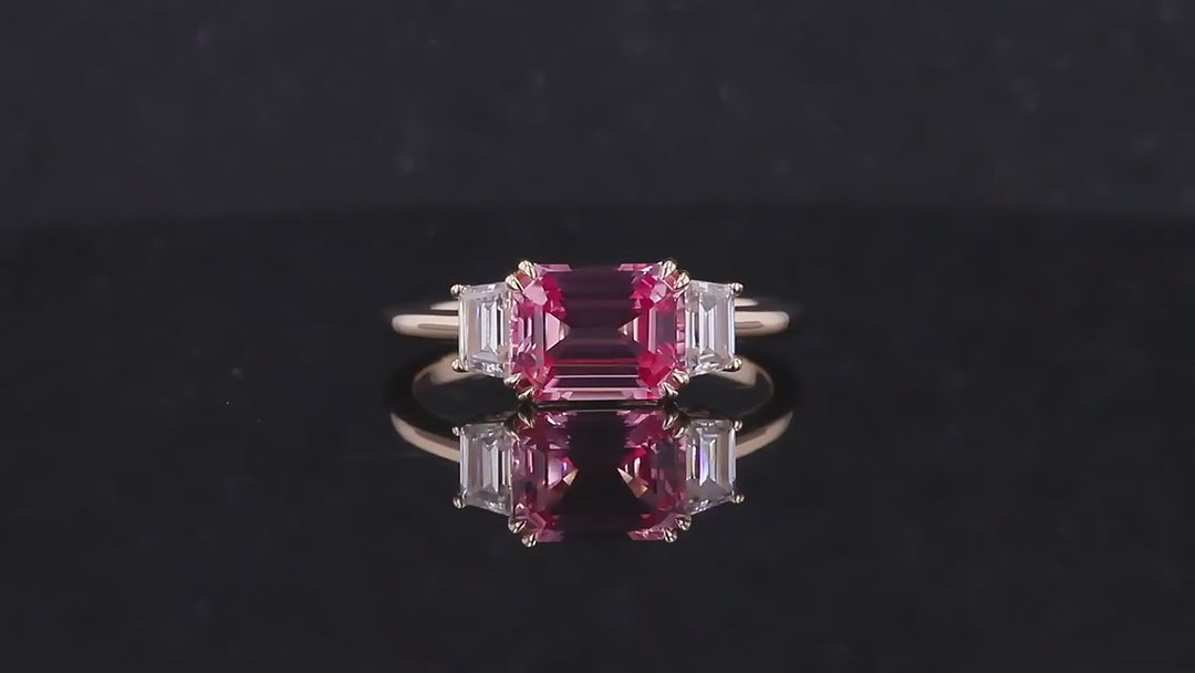 6.10ct Emerald-Cut Padparadscha Pink Sapphire Three-Stone Ring in 14K or 18K Yellow Gold