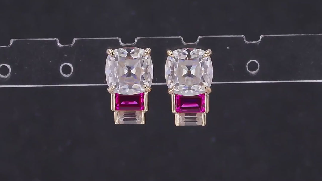 7*7mm, 2.80ctw Asscher Lab-Grown Diamond Earrings with Emerald Cut Ruby in 14k Solid Yellow Gold