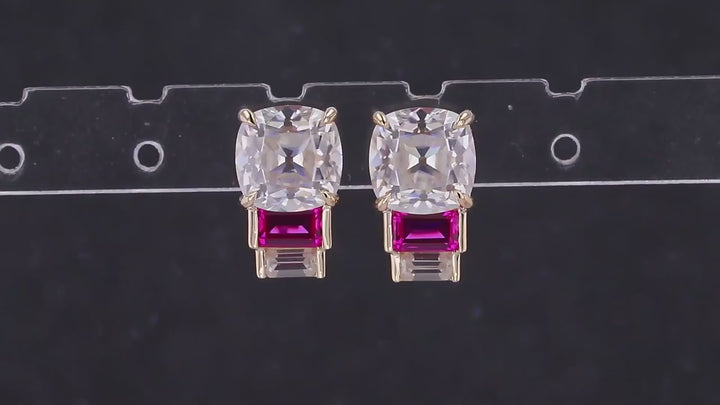 7*7mm, 2.80ctw Asscher Lab-Grown Diamond Earrings with Emerald Cut Ruby in 14k Solid Yellow Gold