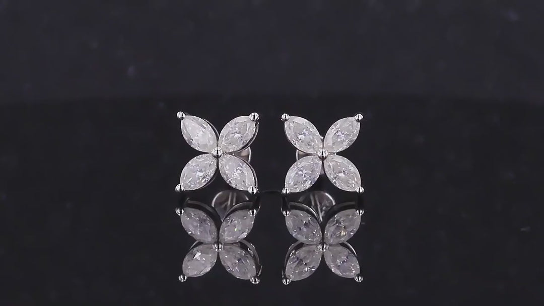 Four Petal Flower Diamond Earrings in 14K Solid White Gold