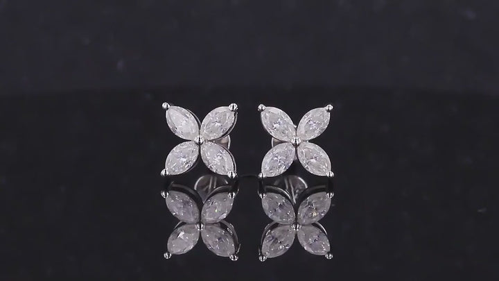 Four Petal Flower Diamond Earrings in 14K Solid White Gold