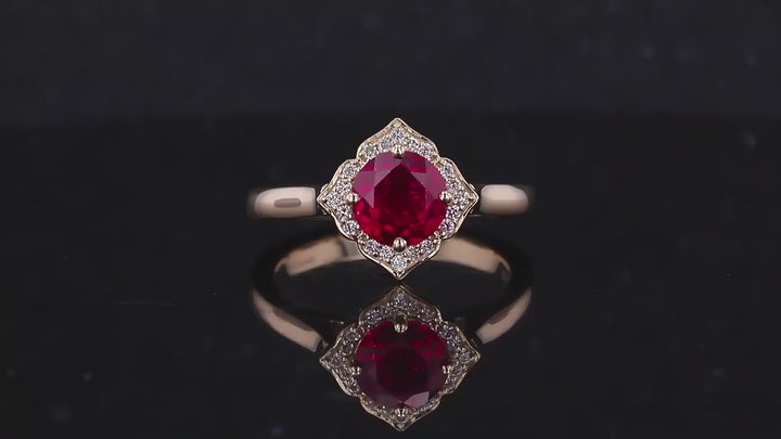 5mm, 1ct Round Lab-Grown Ruby Ring with Diamond Vintage Halo in Yellow Gold