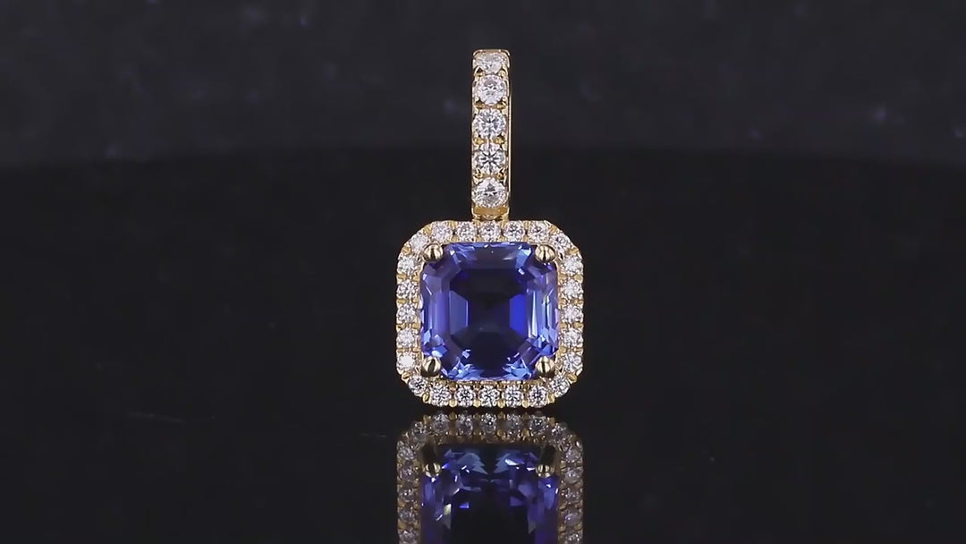 8x8mm, 3.50ct Asscher Lab-Grown Blue Sapphire with Diamond Halo Pendant in 18K Yellow Gold